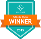 OpenCare Patients' Choice Winner 2015 award badge in turquoise and orange with a medical cross icon.