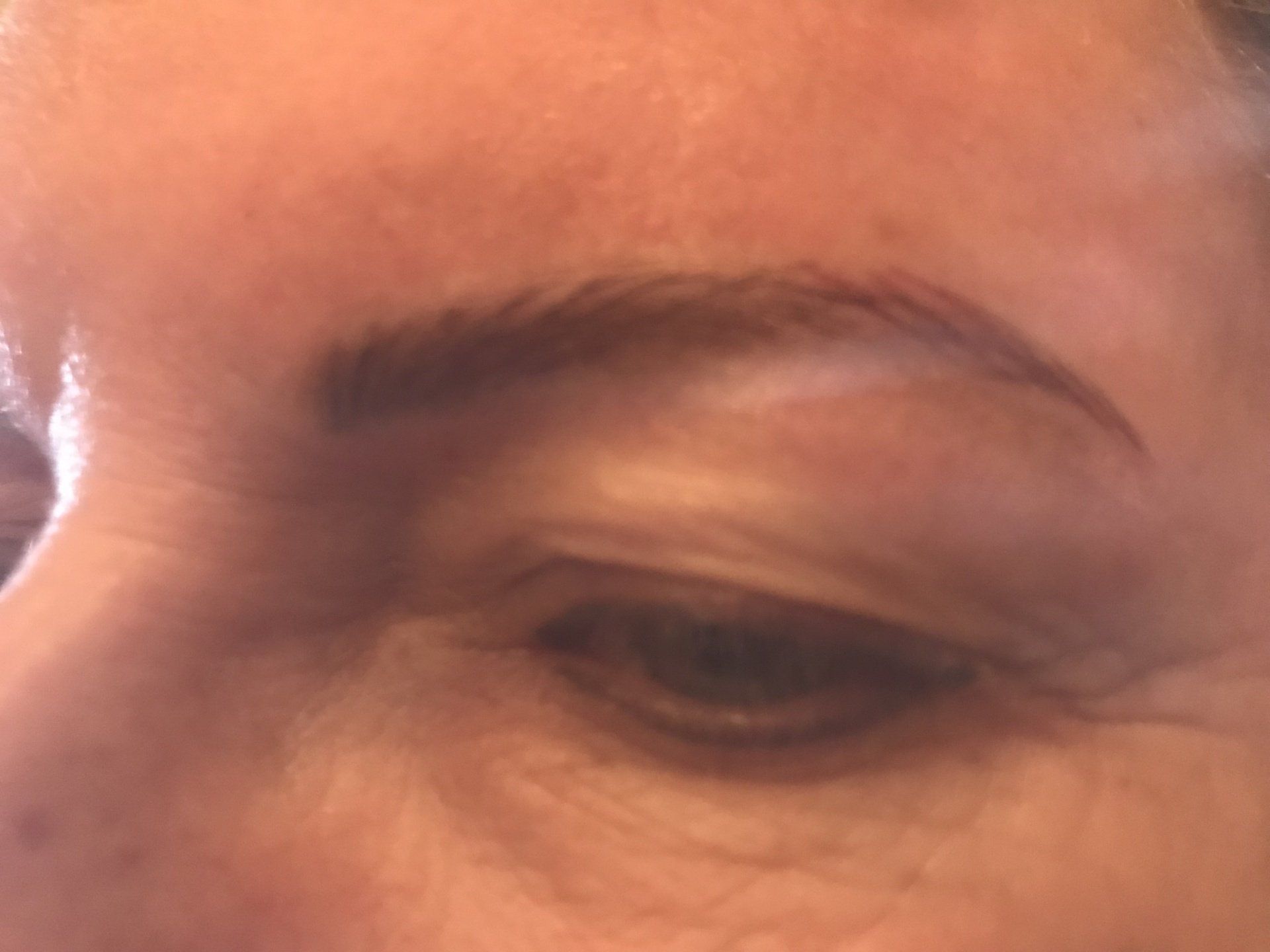 Close-up of an eye and eyebrow. Brown eyebrow arched above a closed eye, skin is light.