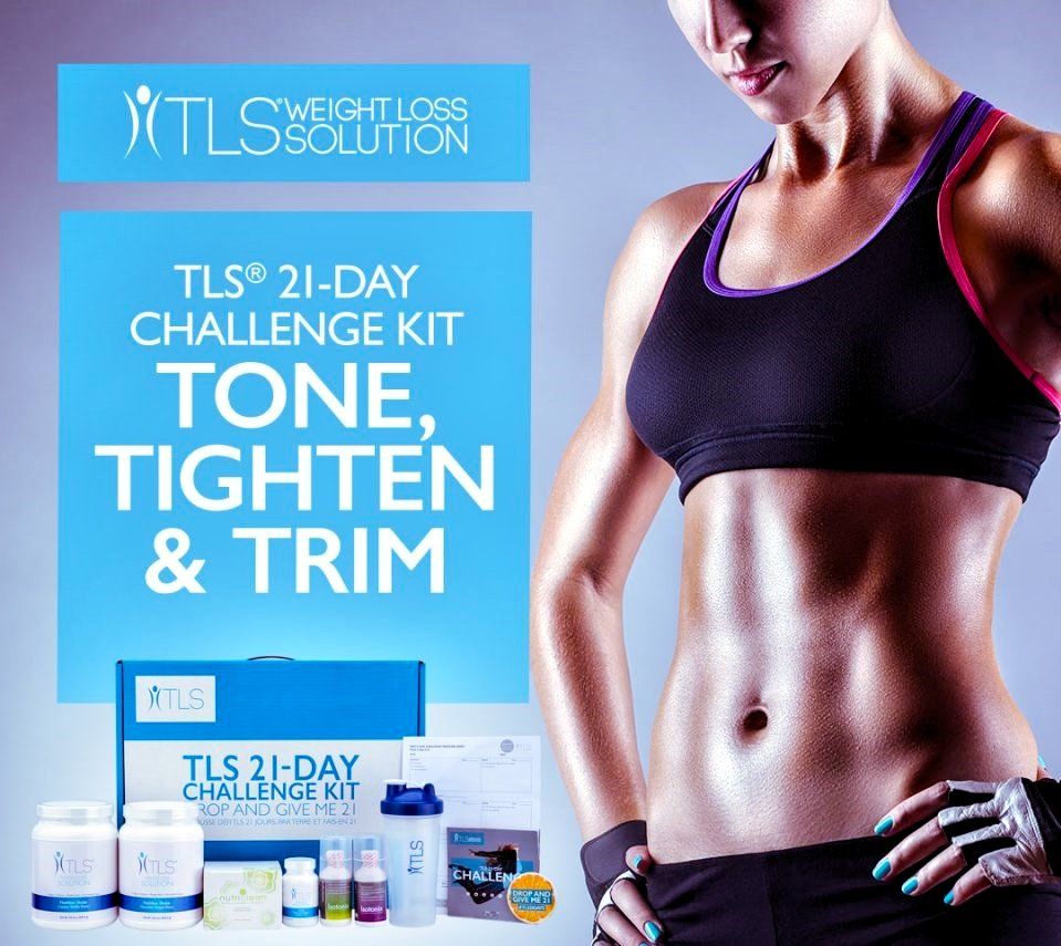 Woman in athletic wear, product advertisement: TLS 21-Day Challenge Kit. Tone, tighten, & trim emphasized.