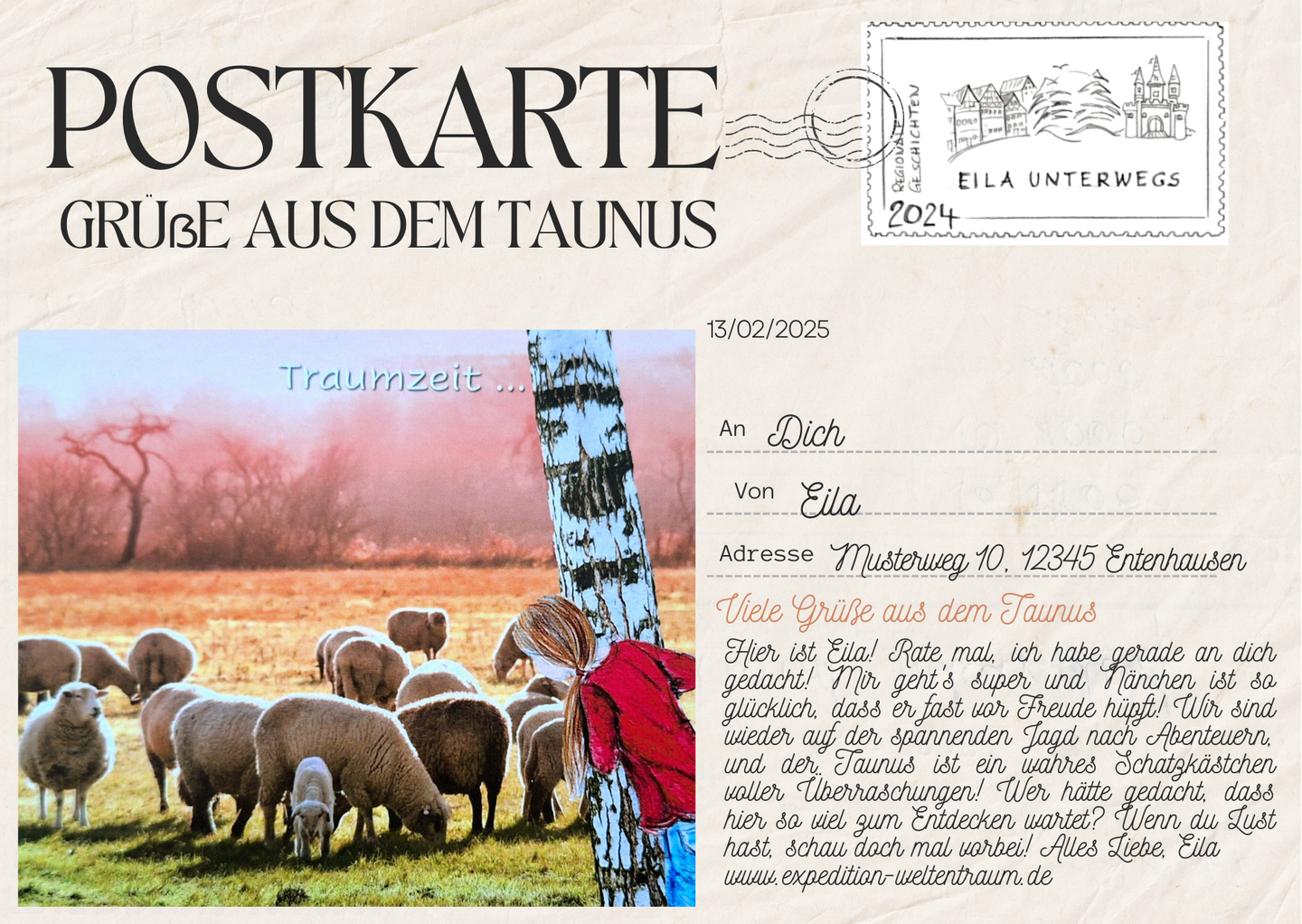 Eine Postkarte mit dem Bild einer Schafherde darauf