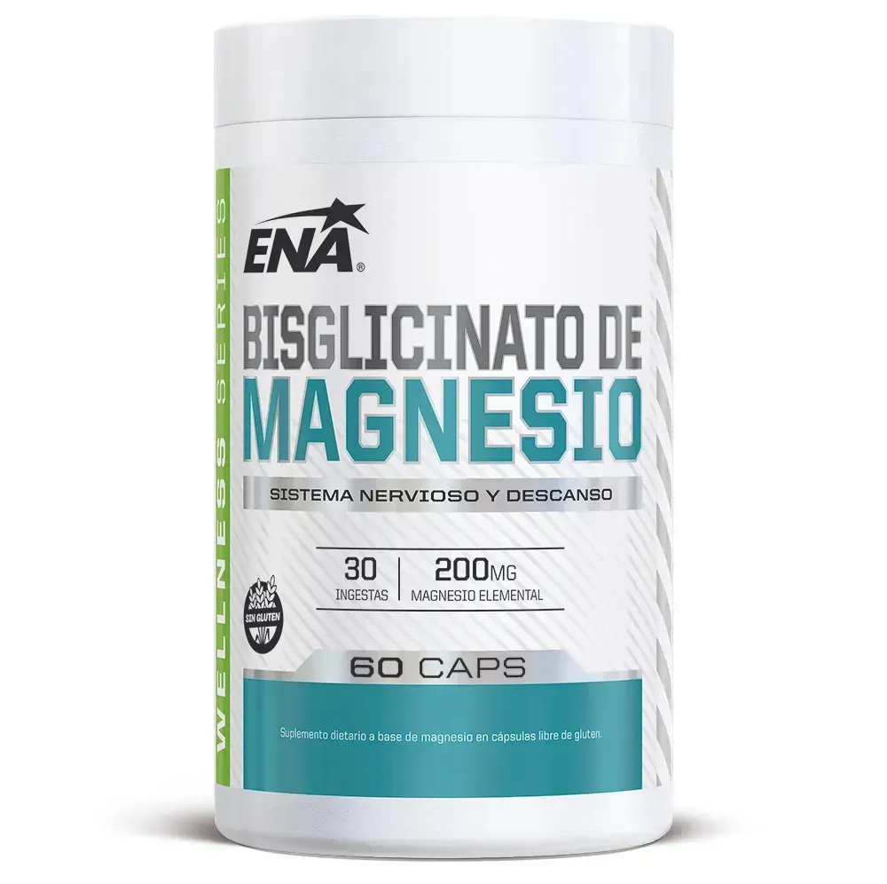 Frasco blanco de suplemento de bisglicinato de magnesio ENA, 60 cápsulas, con etiqueta color turquesa.