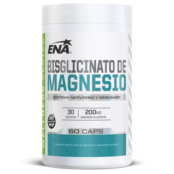Frasco blanco de suplemento de bisglicinato de magnesio ENA, etiqueta turquesa y gris, 60 cápsulas.