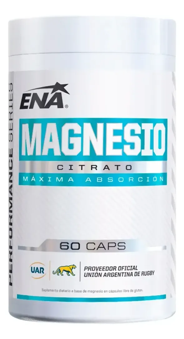 Frasco blanco de ENA Magnesio Citrato, complemento alimenticio de 60 cápsulas, con etiqueta turquesa y negra.