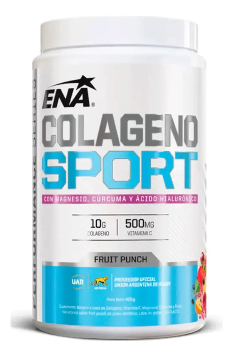 Envase de suplemento ENA Colágeno Sport con sabor a ponche de frutas, blanco y azul con etiqueta llamativa.