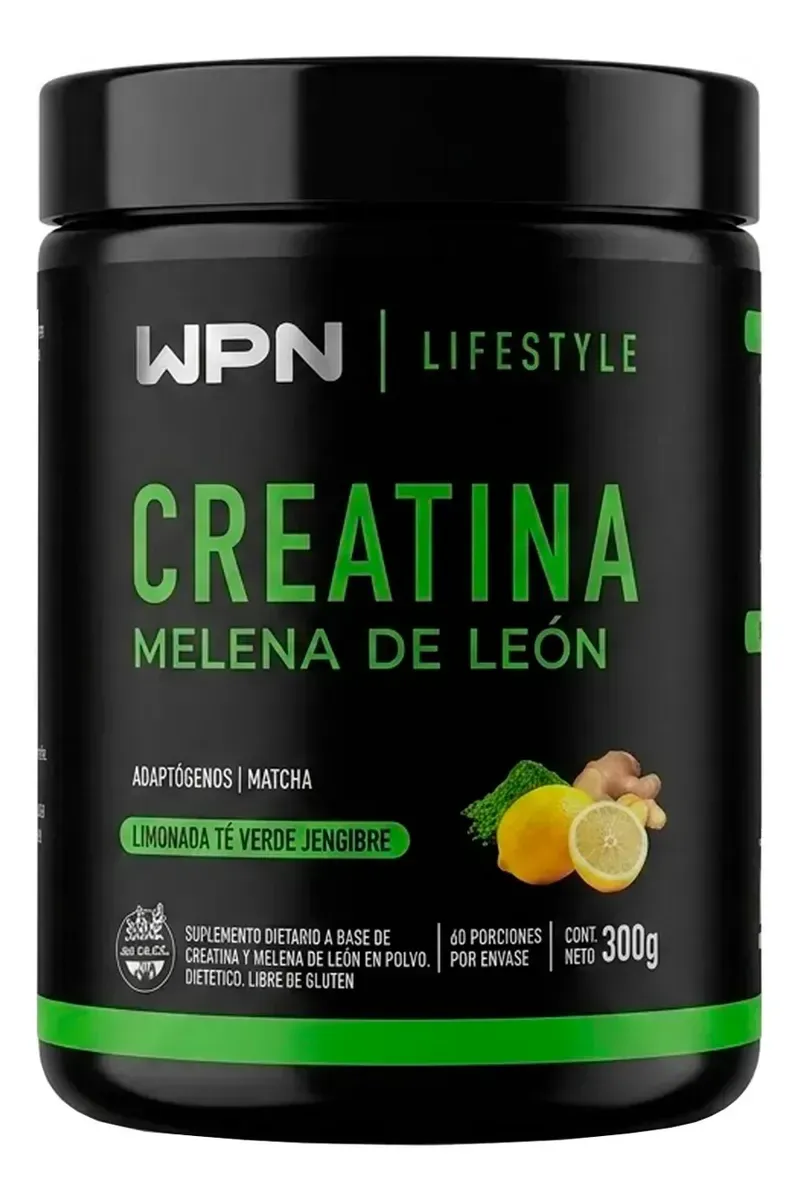Frasco negro de WPN Lifestyle con creatina melena de león, etiqueta verde y gráfico de hongo melena de león.