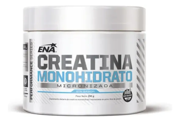 Frasco blanco del suplemento Ena Creatina Monohidrato con etiqueta azul y gris.