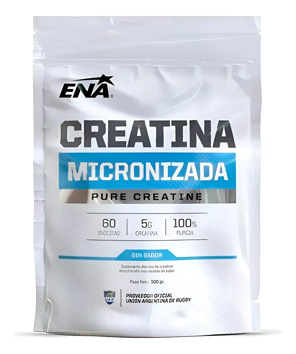Bolsa blanca de suplemento ENA Creatina Micronizada con etiqueta azul y texto grande en negro.