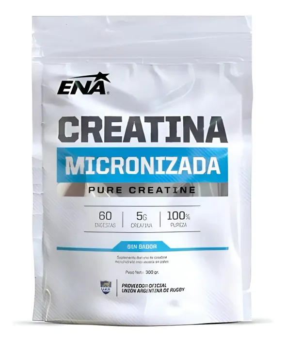 Bolso blanco ENA Creatina Micronizada con detalles azules y etiqueta de producto llamativa.