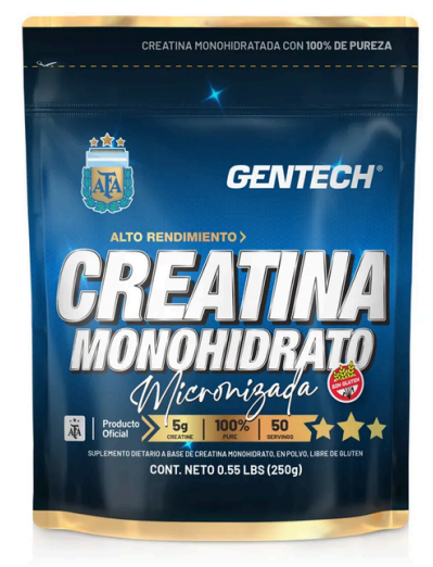 Bolsa de suplemento de monohidrato de creatina Gentech, envase azul oscuro y dorado con texto blanco en negrita.