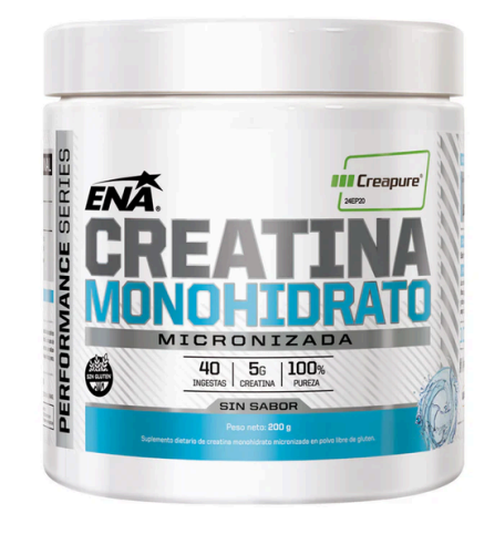Envase blanco de suplemento de creatina monohidrato ENA con etiqueta azul y tapa plateada.
