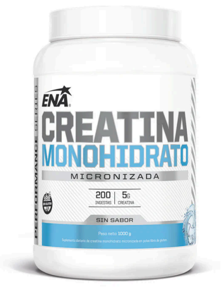 Envase blanco de suplemento de monohidrato de creatina ENA con etiqueta azul sobre fondo blanco.