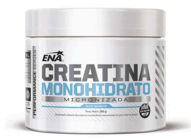 Frasco blanco de suplemento ENA Creatina Monohidrato micronizada con etiqueta gris y azul.