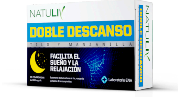 Caja de suplemento Natuliv Doble Descanso, azul y blanca, con luna amarilla y texto sobre sueño y relajación