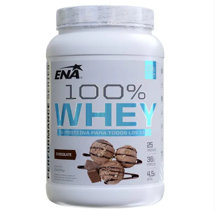 Envase de proteína en polvo ENA 100% Whey con etiqueta de sabor a chocolate y tapa blanca.