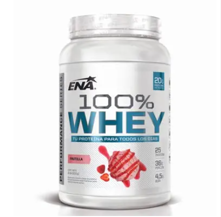 Tarro de proteína en polvo ENA 100% Whey con gráfico de frutos rojos sobre fondo blanco.