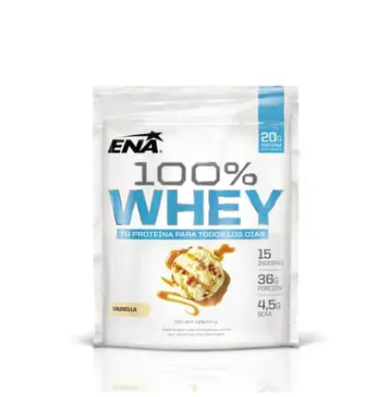 Bolsa de proteína en polvo ENA 100% Whey, blanca con detalles azules y texto que indica sabor a vainilla.