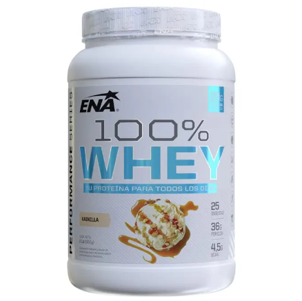 Envase blanco de proteína de suero 100% Ena con letras azules y diseño de postre.