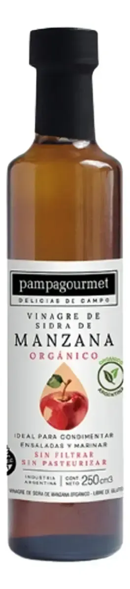 Botella de vidrio marrón de vinagre de sidra de manzana con menta, con tapón negro y etiqueta de manzana.