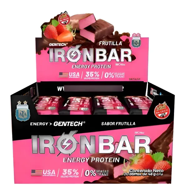 Caja expositora rosa para barritas energéticas IronBar con sabor a fresa y barritas en su interior.