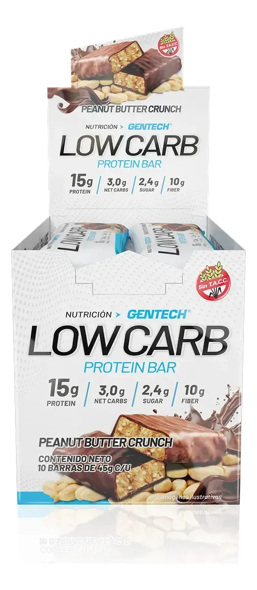 Caja y expositor de barritas energéticas bajas en carbohidratos con surtido de barritas, envase blanco y detalles coloridos.