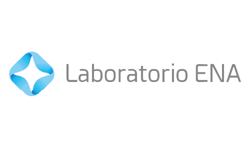 Logotipo de Laboratorio ENA con icono abstracto azul y texto gris sobre fondo blanco.