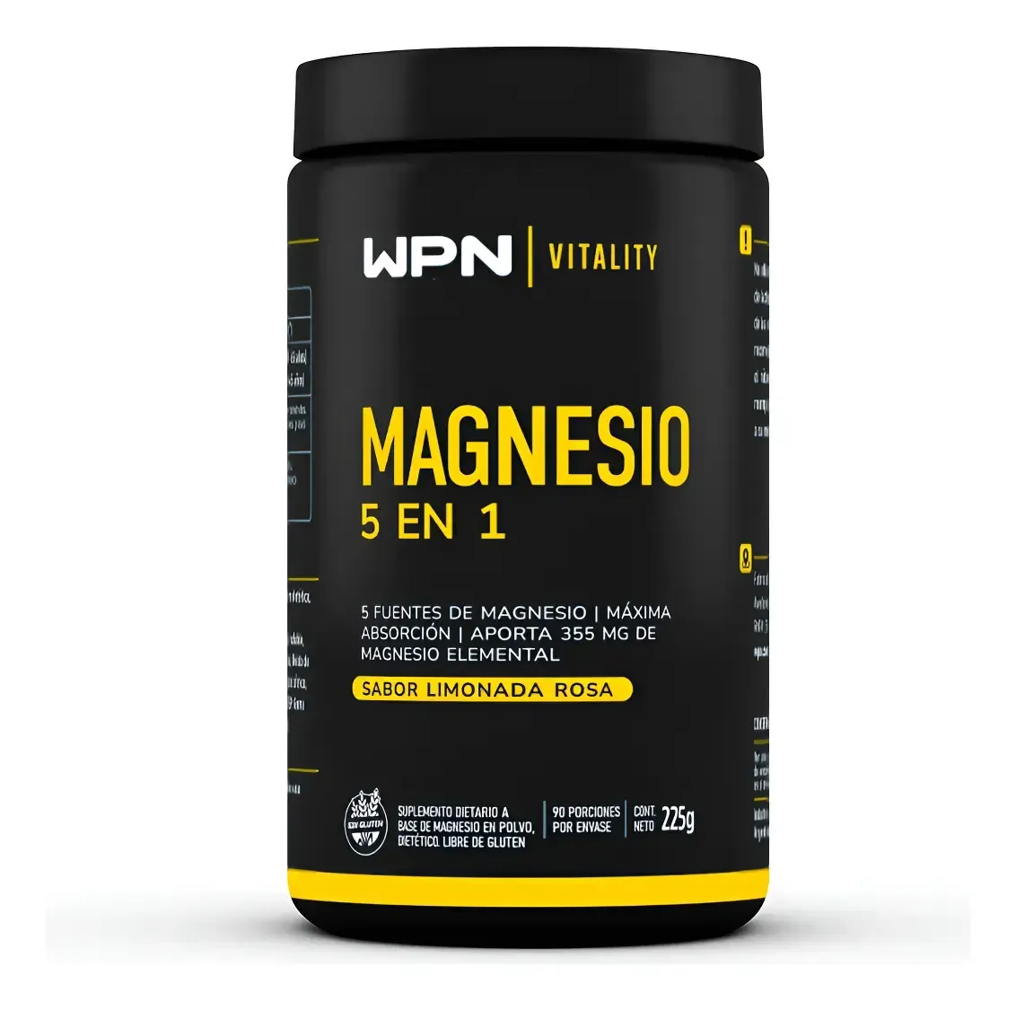 Frasco de suplemento WPN Vitality Magnesio 5 en 1 de color negro con texto amarillo en la etiqueta.