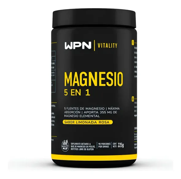 Frasco de suplemento WPN Vitality Magnesio 5 en 1 negro con texto amarillo