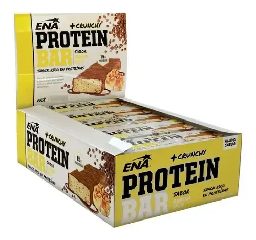 Cajas de barritas proteicas ENA en envase amarillo y blanco, sabor a chispas de chocolate, paquete expositor apilable.