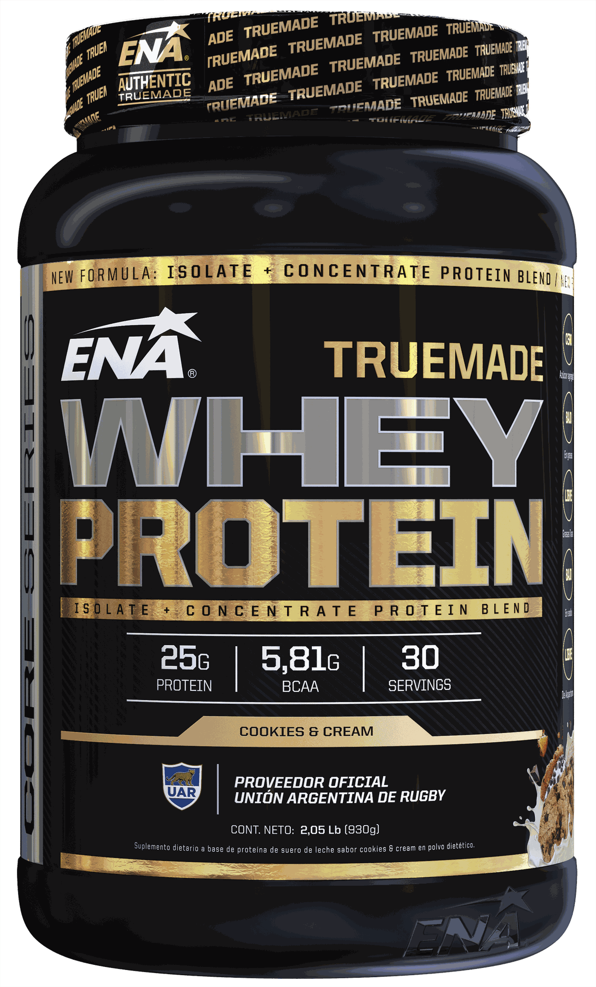 Envase de proteína de suero ENA negro y dorado con tapa beige y etiqueta frontal que dice “TrueMade Whey Protein”.