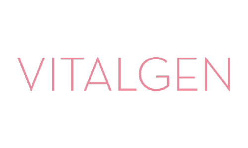 Logotipo rosa de “VITALGEN” sobre fondo blanco.