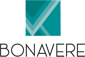 Logotipo de BONAVERE con un cuadrado geométrico color turquesa sobre texto negro