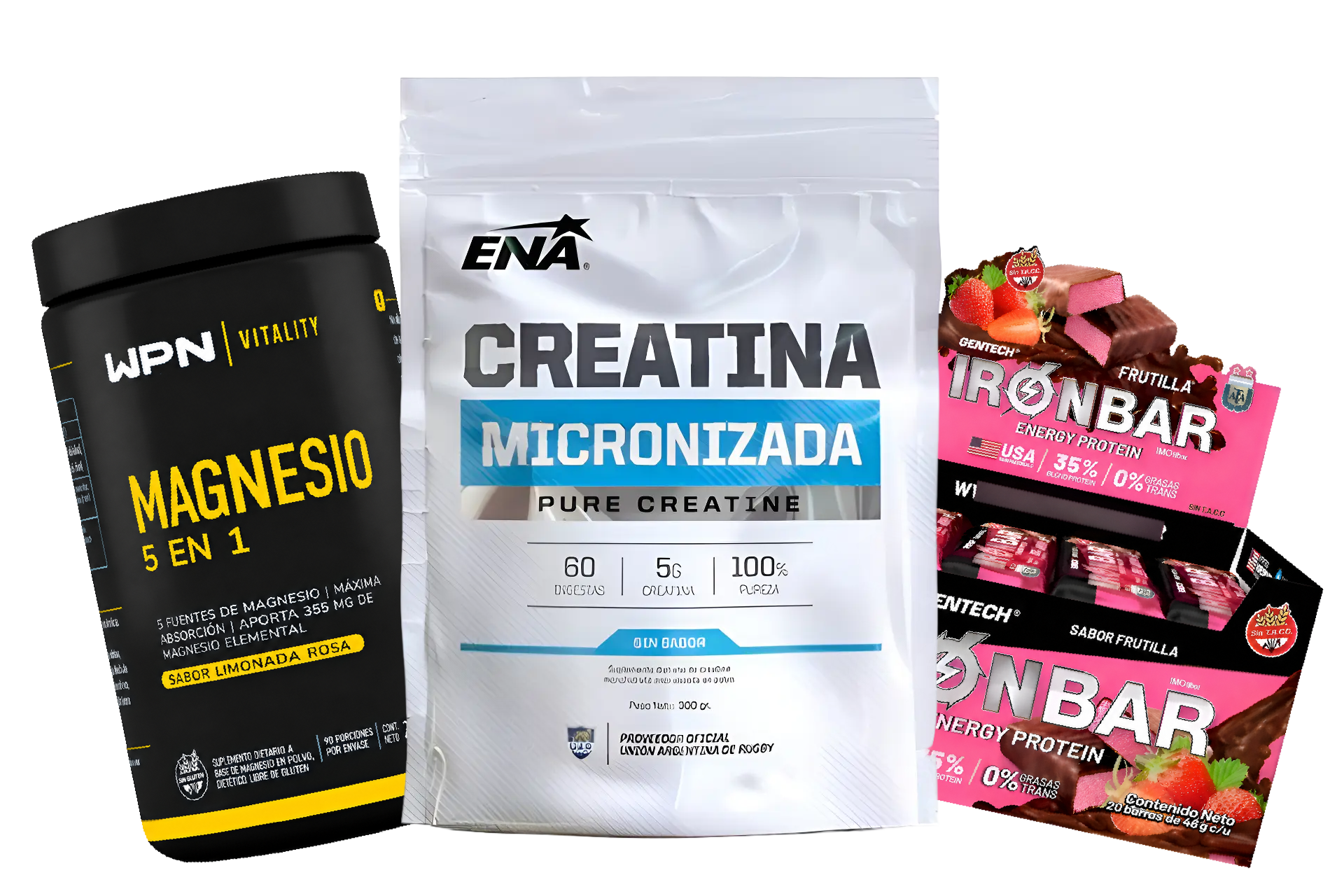Productos de suplementos de proteína de suero, magnesio, creatina y barras de proteína sobre un fondo blanco.