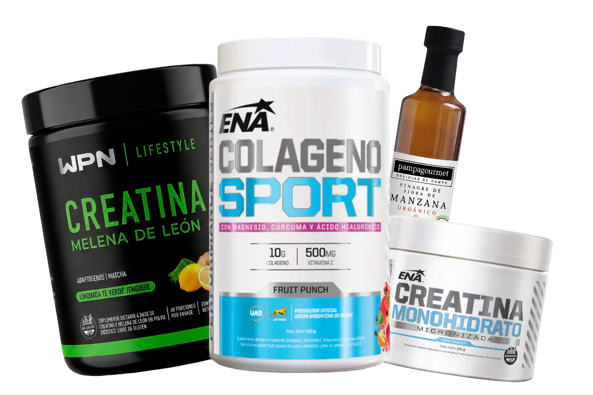 Cuatro envases para suplementos: creatina, colágeno deportivo, frasco cuentagotas ámbar y bote de monohidrato de creatina.