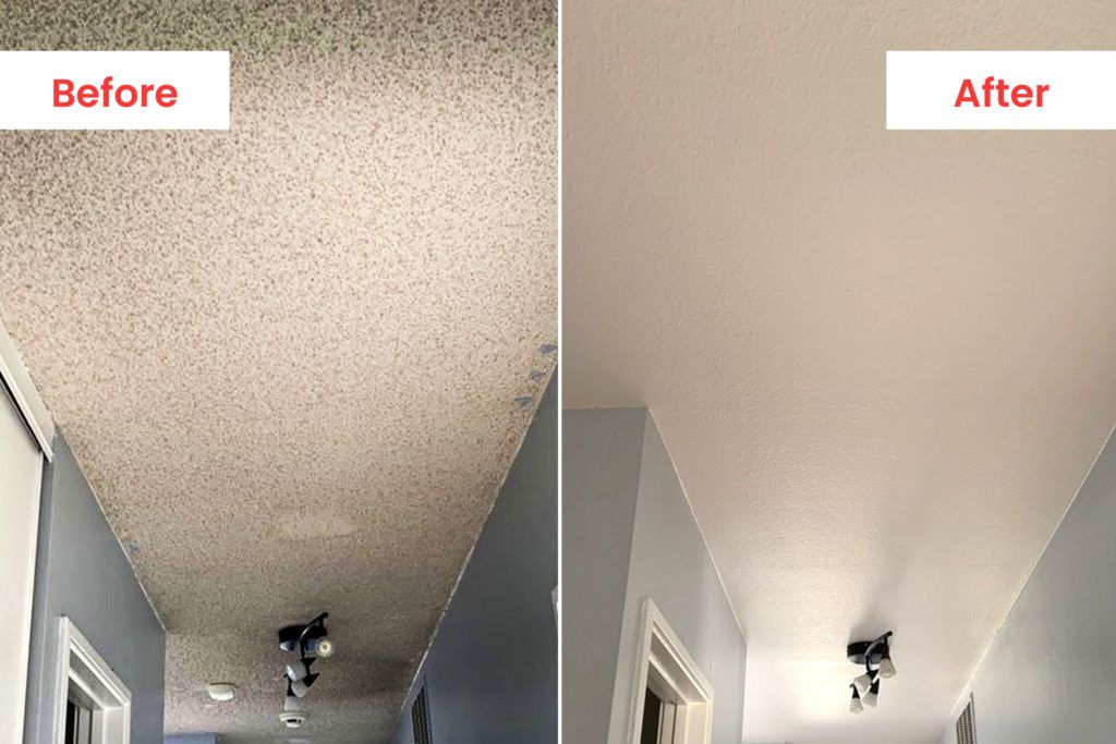 Picture of a ceiling before and after a popcorn ceiling removal