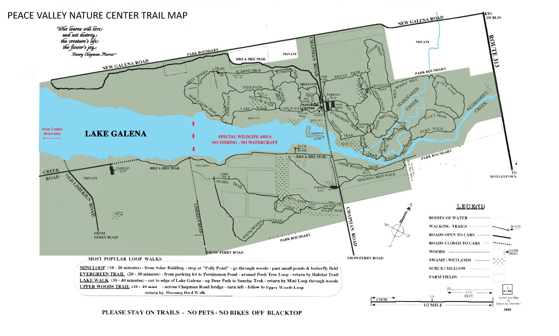 Peace Valley Nature Center Trail Map A color map of a park with a lake galena in the middle.