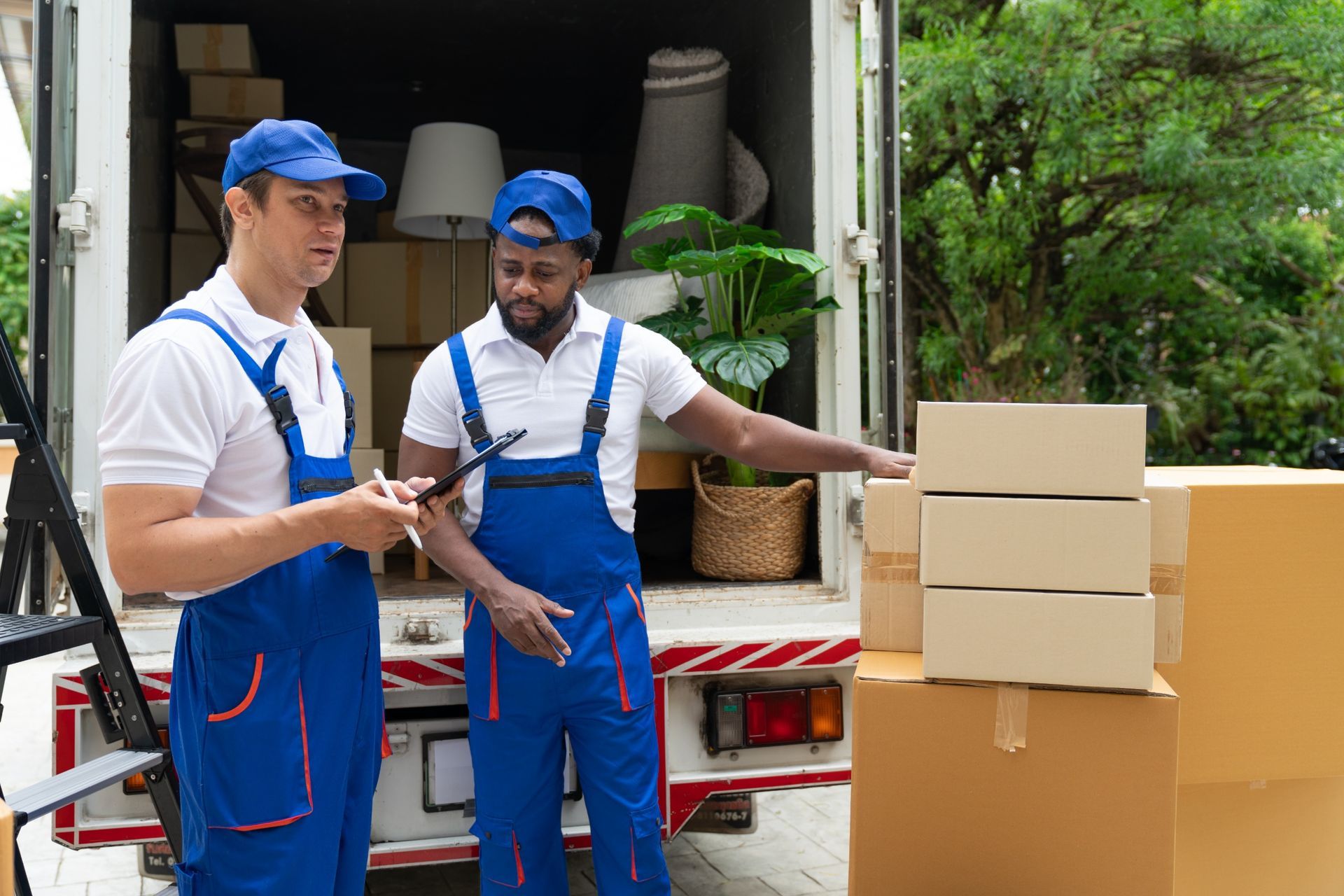Two movers in blue uniforms and caps stand by a truck loading cardboard boxes.