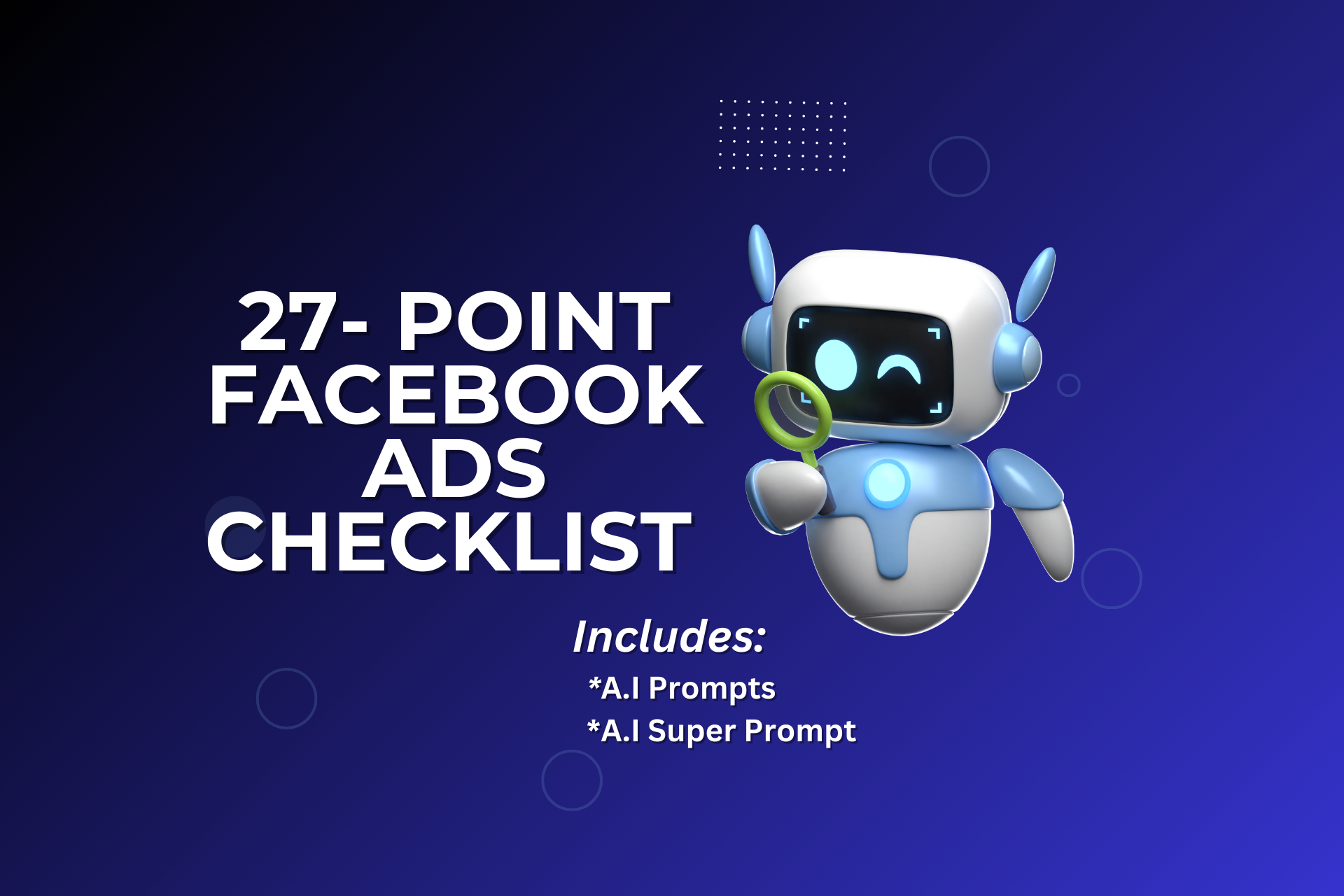 A blue and white robot is holding a magnifying glass.