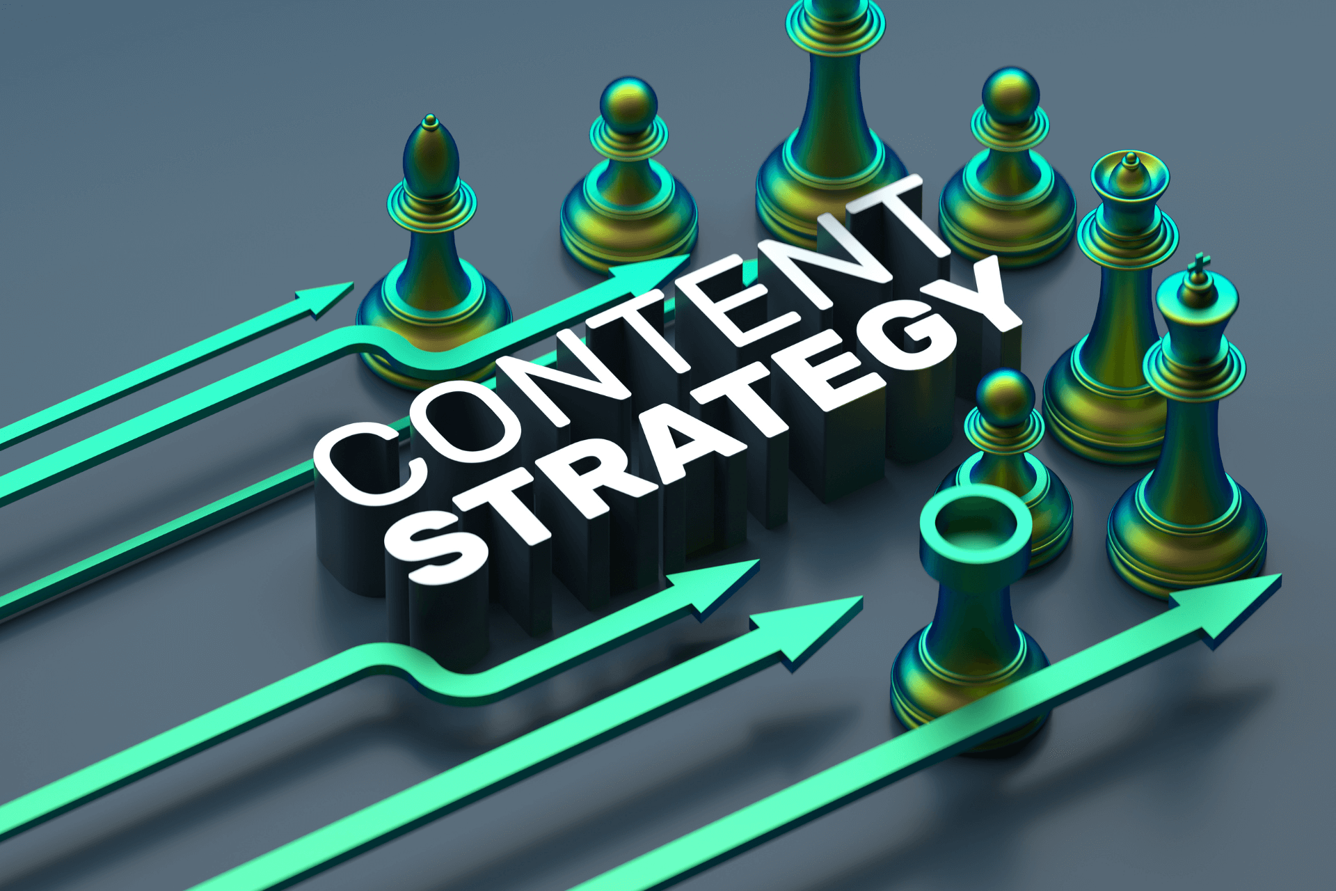 A group of chess pieces with arrows pointing to the word content strategy.