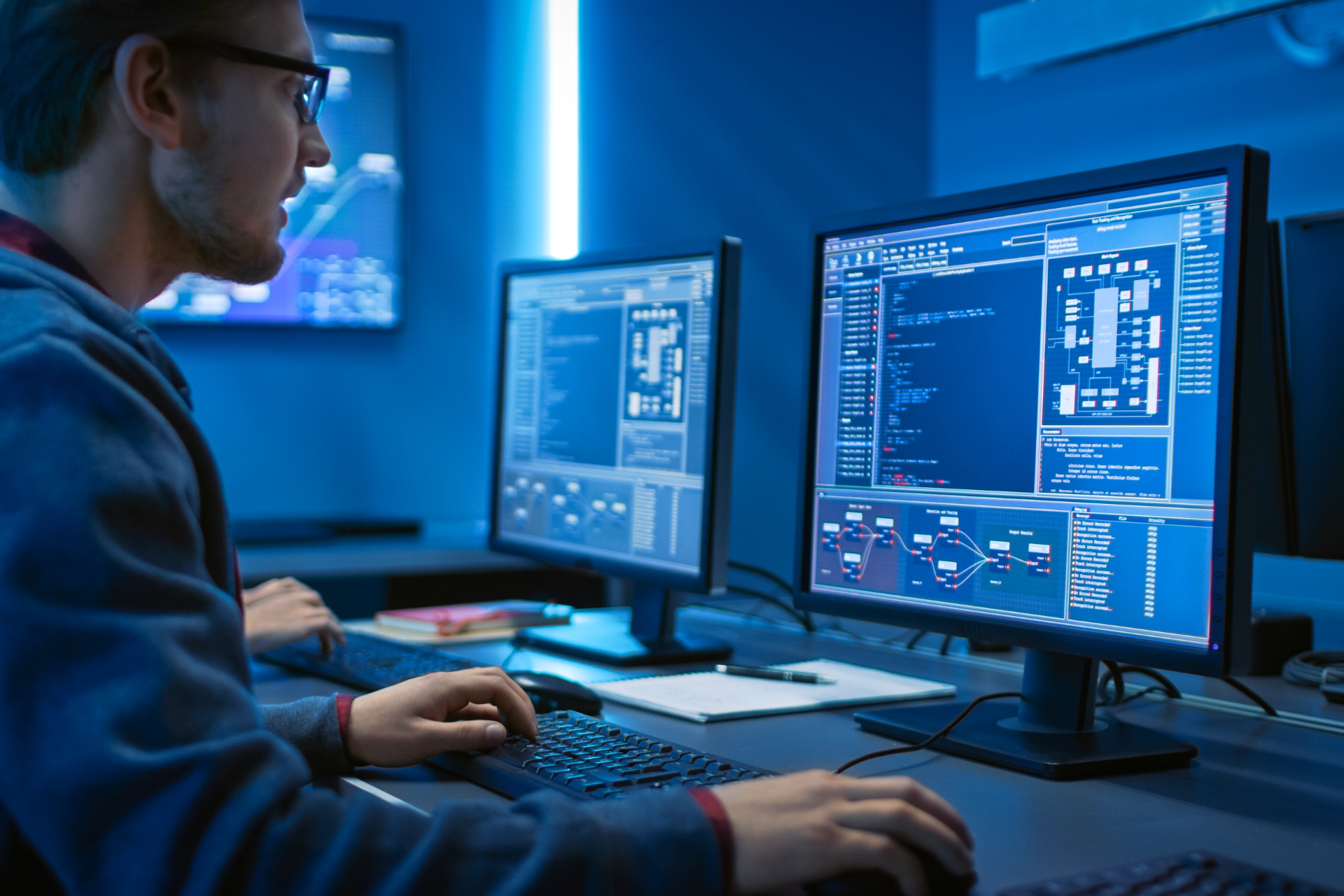 A man is sitting at a desk in front of two computer monitors.