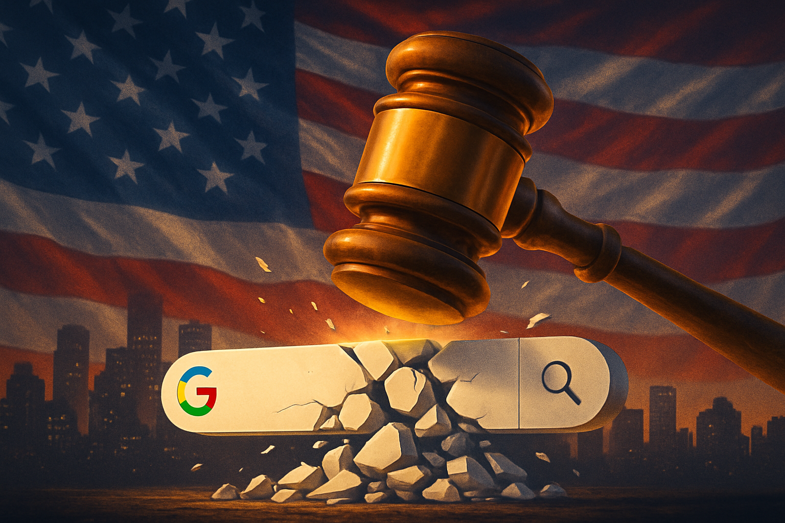A judge 's gavel is hitting a google search bar in front of an american flag.