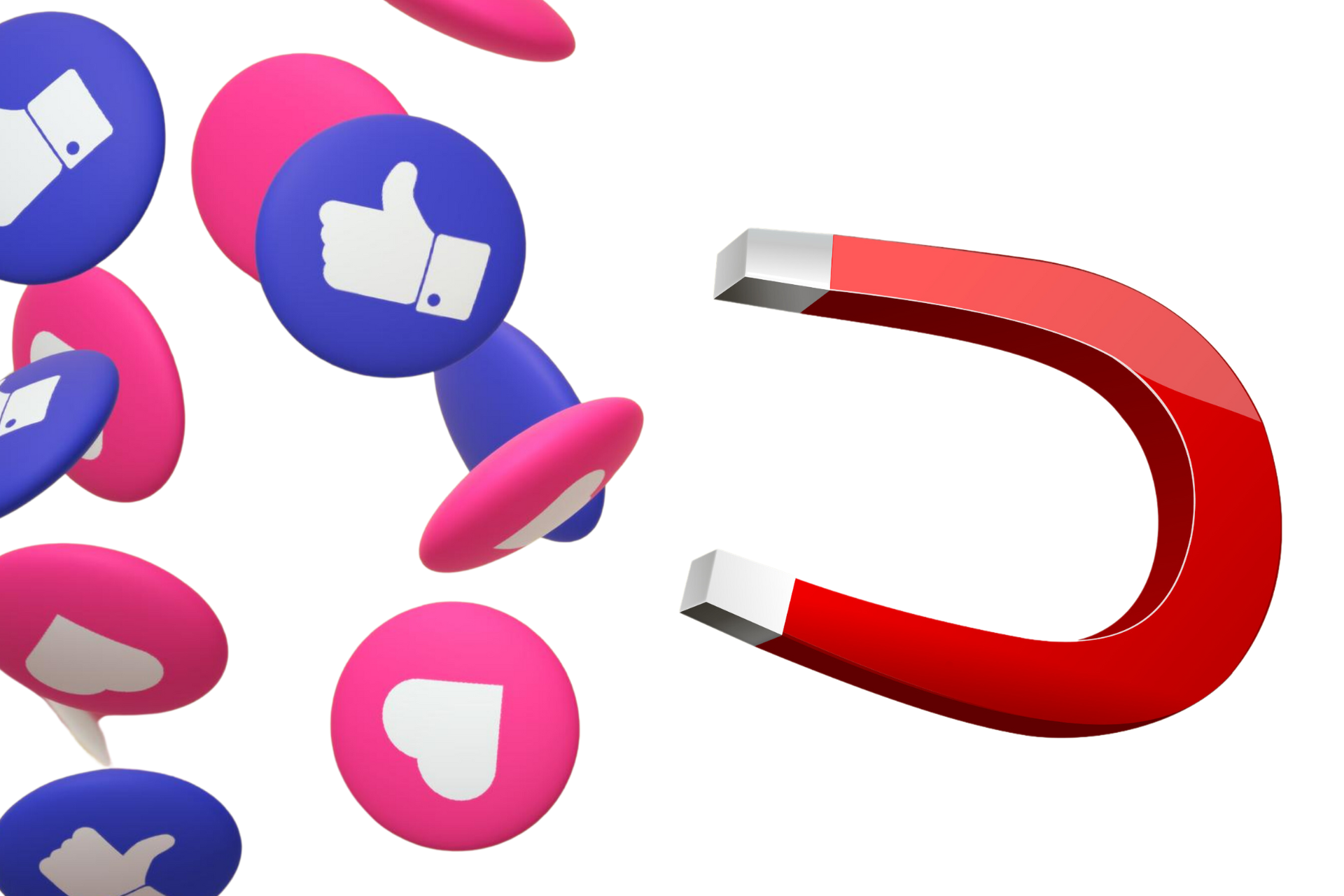 A red magnet is attracting likes and hearts on a white background.