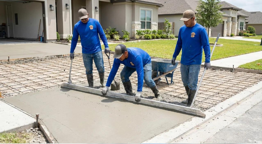 Crew smooths fresh concrete on a driveway slab during Concrete Services in Chico, CA for a level durable surface finish.