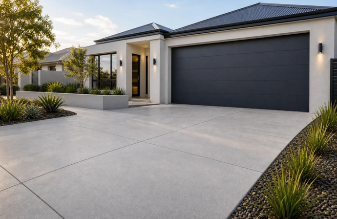 Modern home features a finished concrete driveway after Concrete Services in Chico, CA improved the neat front approach.