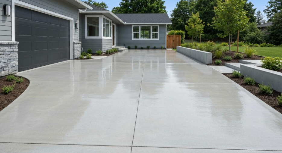 Smooth light-gray concrete driveway leads to a garage after Concrete Services in Chico, CA created a neat home entrance.