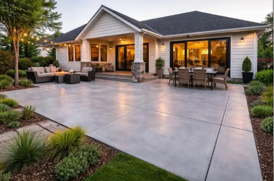 Finished backyard patio beside modern house after Concrete Services in Chico, CA created a clean outdoor gathering spot.