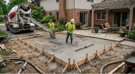 Workers pour fresh concrete into patio forms during Concrete Services in Chico, CA while building a backyard patio area.