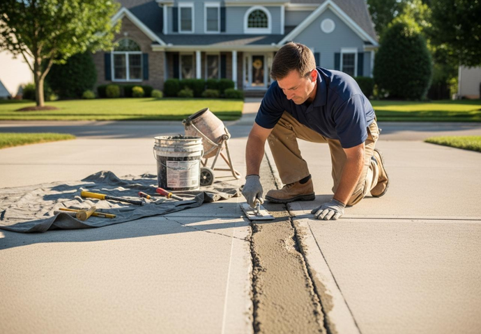 Worker fixes a cracked concrete driveway by hand during Concrete Services in Chico, CA to restore a smoother finish now.