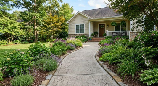 Curved concrete walkway leads through a green yard after Concrete Services in Chico, CA improved safe landscaped access.