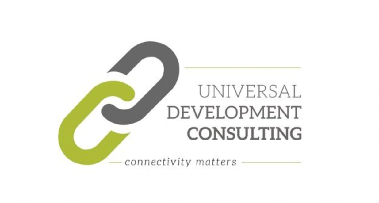 The logo for universal development consulting is green and gray