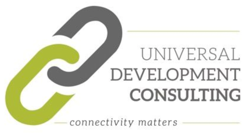 The logo for universal development consulting is green and gray